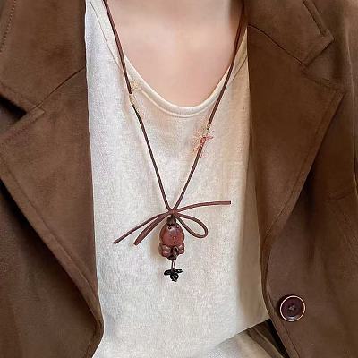 Coffee Bean & Wood Bear Pendant Adjustable Imitation Leather Cord Long Necklaces for Women WG79F39-02-1