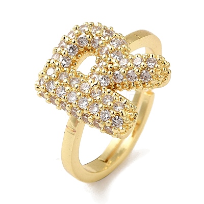 Rack Plating Letter Brass Micro Pave Clear Cubic Zirconia Adjustable Rings for Women KK-S391-03G-R-1