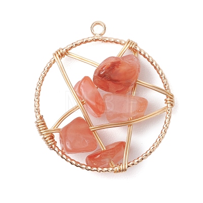 Natural Mixed Gemstone Nuggets Copper Wire Wrapped Flat Round Pendants PALLOY-JF03038-1