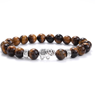 Ethnic Style Antique Silver Tone Alloy Elephant & Round Natural Tiger Eye Beaded Stretch Bracelets for Women Men QP2163-9-1