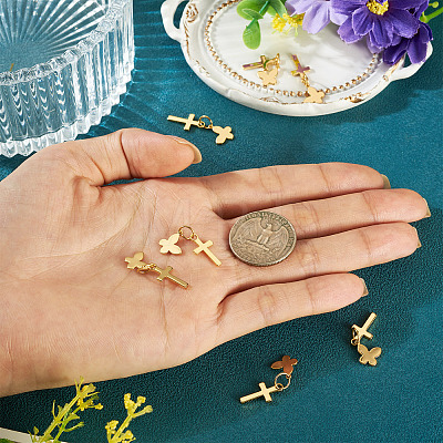10Pcs Cross with Butterfly Brass Pendants PALLOY-TAC0272-1