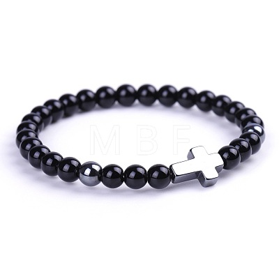 Natural Black Stone & Synthetic Non-magnetic Hematite Beads Stretch Bracelets for Women Men BO6196-3-1