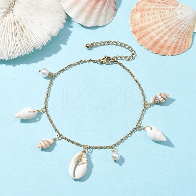 Glass Pearl and Spiral Shell Anklets AJEW-AN00578-1