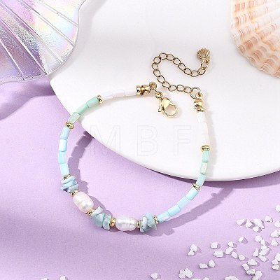Natural Cultured Freshwater Pearl & Dyed Freshwater Shell & Larimar Chip Beaded Bracelets for Women BJEW-JB13950-1