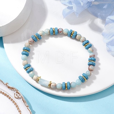Natural Lava Rock & Synthetic Aqua Terra Jasper & Natural Aquamarine Beads Strethch Bracelets BJEW-JB11666-03-1