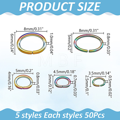 250Pcs 5 Styles Ion Plating(IP) 304 Stainless Steel Jump Rings STAS-WR0001-48-1