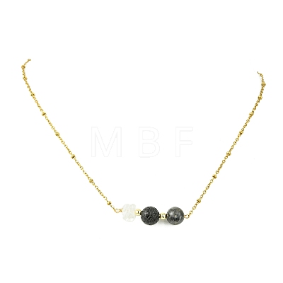 Round Natural Lava Rock & Larvikite & Natural Quartz Crystal Chip Beaded Pendant 304 Stainless Steel Satellite Chain Necklaces for Women NJEW-JN06158-01-1