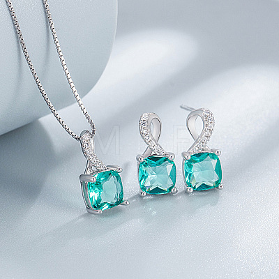 Square Rhodium Plated 925 Sterling Silver Pave Cubic Zirconia Pendant Necklaces & Stud Earrings Sets for Women WG8F2D6-02-1