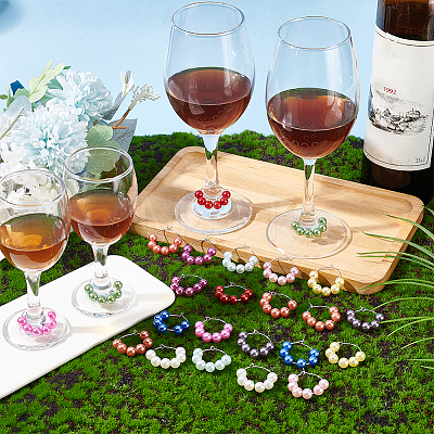 24Pcs 12 Color Acrylic Imitation Pearl Round Beaded Wine Glass Charms AJEW-AB00058-1