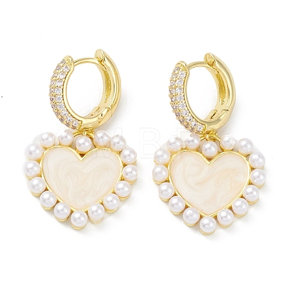 Heart Rack Plating Brass Cubic Zirconia Hoop Earrings with Plastic Pearl Beads EJEW-K245-06G-1