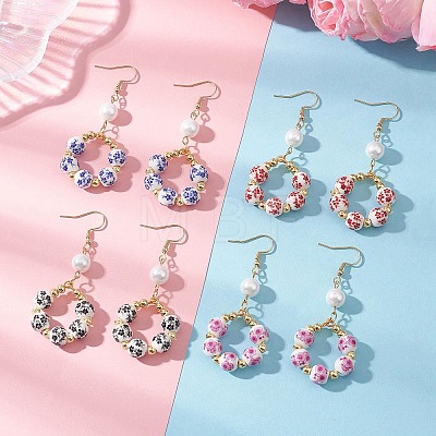 Printed Porcelain Round Dangle Earrings EJEW-JE06838-1