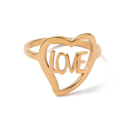 Ion Plating(IP) 201 Stainless Steel Heart with Word Love Finger Ring RJEW-J051-38G-1