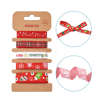 5 Sets 5 Styles Polyester Printed Satin Ribbon & Grosgrain Ribbons Sets OCOR-TA0001-39-1