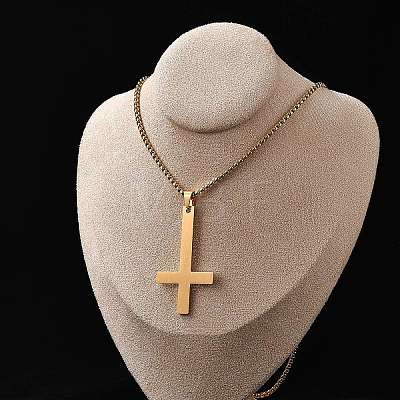 304 Stainless Steel Inverted Cross Pendant Box Chain Necklaces NJEW-NH0001-07G-1