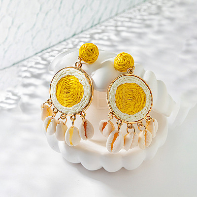 Bohemian Vacation Style Raffia Shell Earrings Vintage Handmade Woven Ear Drops GM6430-3-1