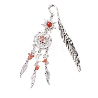 Alloy Sun & Woven Net/Web with Feather Charms Bookmarks AJEW-JK00368-04-1