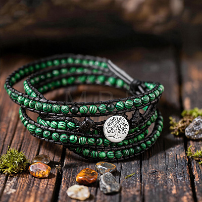 Adjustable Alloy Tree of Life Synthetic Malachite Round Beaded Wrap Bracelets for Women WGFA9D3-01-1