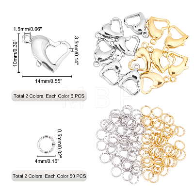 112Pcs 4 Style 304 Stainless Steel Heart Lobster Claw Clasps and Open Jump Rings STAS-DC0001-14-1