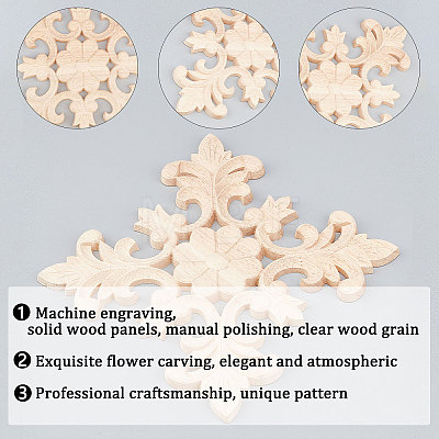 Natural Solid Wood Carved Onlay Applique Craft WOOD-WH0101-61-1