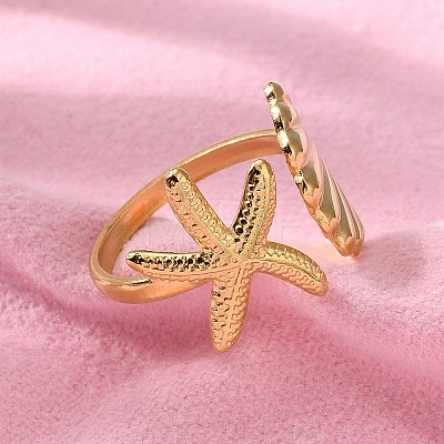 304 Stainless Steel Starfish & Shell Open Cuff Rings for Women X-RJEW-C095-09G-1