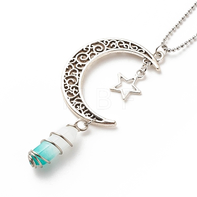 Natural Green White Jade Bullet with Alloy Moon and Star Pendant Necklace NJEW-JN03912-05-1