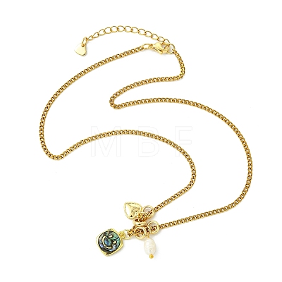 Brass Natural Paua Shell & Pearl Pendant 304 Stainless Steel Curb Chain Necklaces for Women NJEW-JN06258-04-1