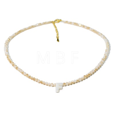 Natural White Shell Letter Faceted Glass Beaded Necklaces with 304 Stainless Steel End Chains SS7282-5-1