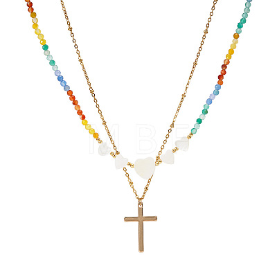 Summer Beach Rainbow Natural Mixed Stone and White Shell Heart Beaded Double Layer Necklaces with Stainless Steel Religion Cross Pendant EX6128-1-1