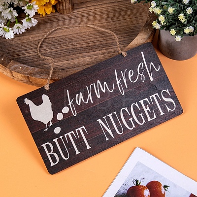 Wooden Rectangle with Word Farm Fresh Butt Nuggets Pendant Decoration PW-WGE1C63-01-1