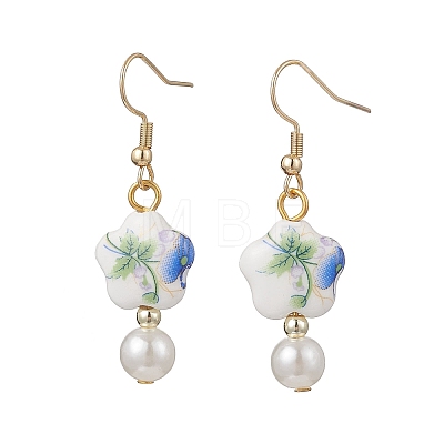 Porcelain & ABS Plastic Imitation Pearl Round with Flower Dangle Earrings EJEW-JE06841-1