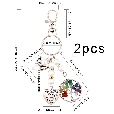 2Pcs Chakra Tree Of Life Natural/Synthetic Mixed Stone Pendant Keychain KEYC-CA0001-39-1