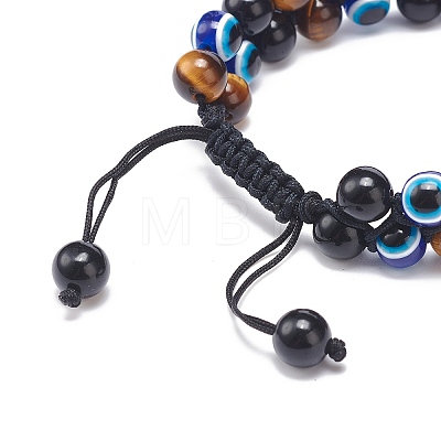 Natural Tiger Eye & Eyeless Obsidian & Resin Evil Eye Braided Bead Bracelet BJEW-JB08840-02-1