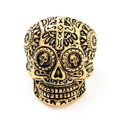 316 Stainless Steel Skull with Cross Finger Ring RJEW-C030-02A-AG-1