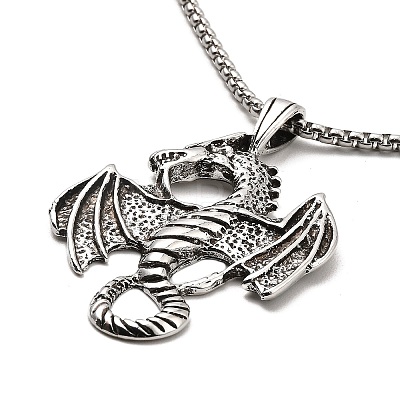 Alloy Dragon Pendant Necklace with 201 Stainless Steel Box Chains NJEW-D053-01AS-1
