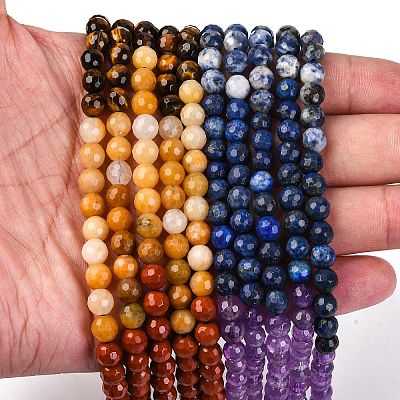 Chakra Theme Natural Red Rainbow Jasper & Yellow Aventurine & Tiger Eye & Green Aventurine & Blue Spot Stone & Lapis Lazuli & Amethyst Beads Strands G-F668-14-6mm-1