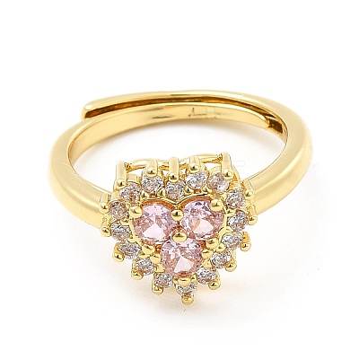 Rack Plating Brass Micro Pave Pink & Crystal Cubic Zirconia Heart Adjustable Rings RJEW-E064-17G-1