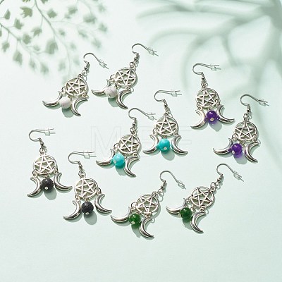 Woven Net with Natural Gemstone Dangle Earrings EJEW-JE04945-1