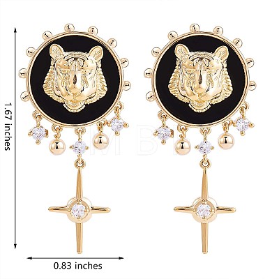 Clear Cubic Zirconia Lion with Cross Dangle Earrings with Enamel JE967A-1