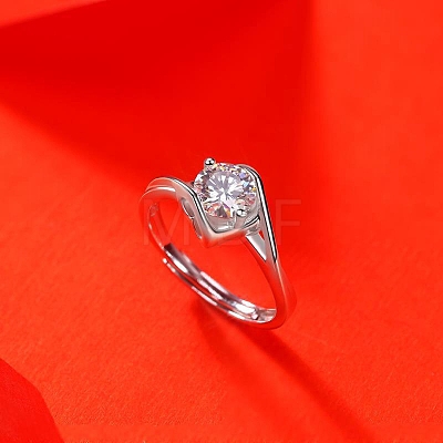 Rhodium Plated 925 Sterling Silver Moissanite Rhinestone Solitaire Ring AJEW-U007-17P-1