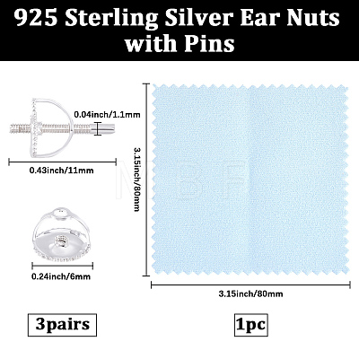 3 Pairs 925 Sterling Silver Screw Ear Nuts STER-BBC0009-74B-1