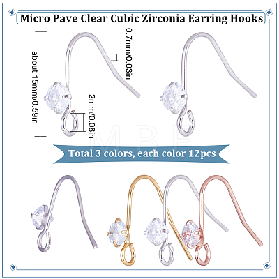 36Pcs 3 Colors Brass Micro Pave Clear Cubic Zirconia Earring Hooks KK-SC0003-50-1