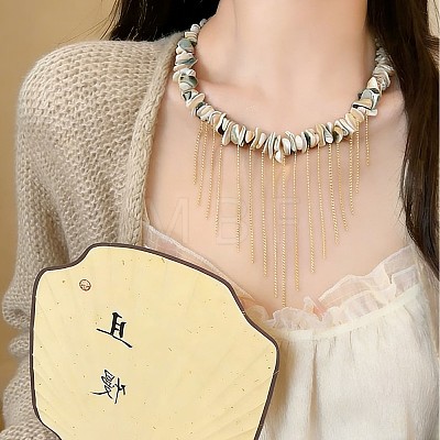 Natural Shell Chip Beaded Alloy Chain Tassel Bib Necklaces for Women WG291D5-01-1