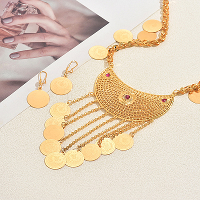 Vintage Ethnic Style Alloy & Iron Moon Tassel Long Necklaces & Earrings Sets for Women OS1722-1