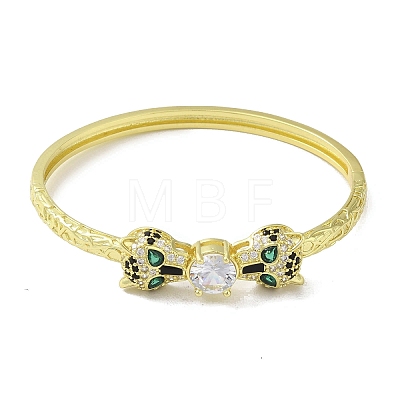 Brass Pave Clear & Green Cubic Zirconia Leopard Hinged Bangle for Women BJEW-K246-19A-G-1