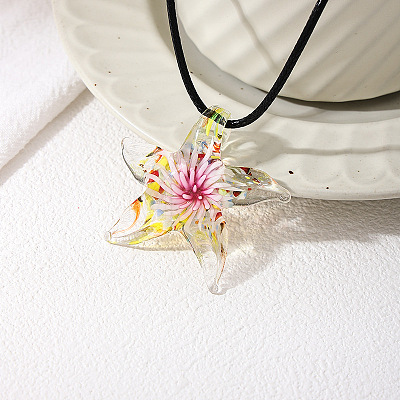 Summer Beach Starfish Transparent Glass Pendant Black Waxed Cord Necklaces for Women FS-WG29C72-02-1