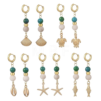 Synthetic Chrysocolla & Natural Agate Beads Hoop Dangle Earrings EJEW-JE07321-1