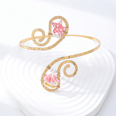 Bohemian Ocean Alloy & Resin & Plastic Pearl Fish Spiral Cuff Arm Bangles for Women WGA2359-01-1