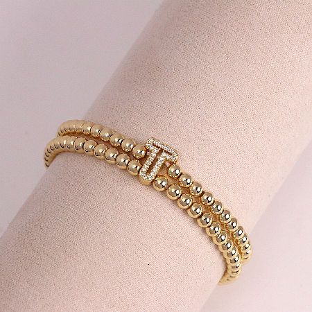Brass Micro Pave Clear Cubic Zirconia Beads Double Strands Stretch Bracelets for Women FS-WGC7159-20-1