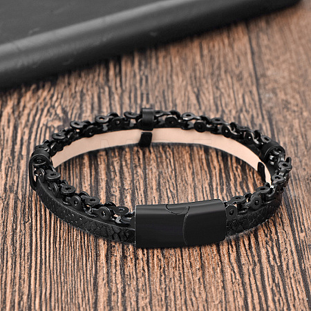 Black Braided mitation Leather & 316L Stainless Steel 2-Strand Bracelets with Magnetic Clasps for Men WGA2BB7-01-1