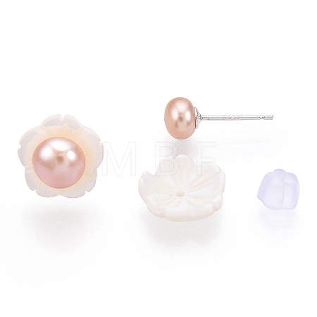 Natural Pearl & White Shell Flower Stud Earrings PEAR-N020-05J-1